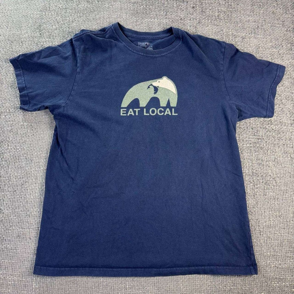 Patagonia Eat Local Bear Graphic T-Shirt Mens Medium Navy blue usa made